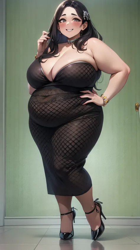 Fat woman, long black hair, large breasts, fat belly, thick arms and thighs, round face, double chin, skintight strapless black dress, smiling, flustered, sexy pose