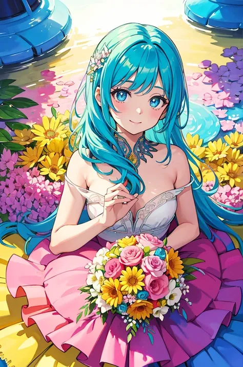 Rainbow colors, diagonally from above, cute and gentle smile, pretty girl holding a beautiful bouquet of flowers that you cant see her hands, beautiful eyes, rich watercolors, colorful, (delicate details, complex composition: 1.5) (very detailed) Complex c...