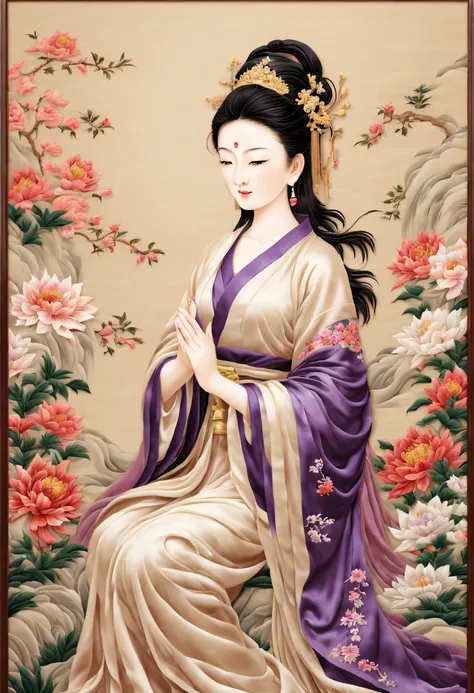 ( embroidery works)), (suzhou embroidered purple robe guanyin statue), standing full-body, embroidery, kesi silk craft,embroider...