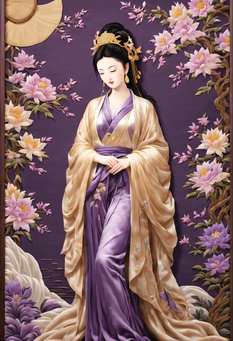 ( embroidery works)), (suzhou embroidered purple robe guanyin statue), standing full-body, embroidery, kesi silk craft,embroider...