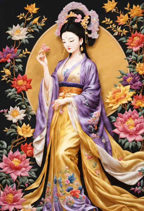 ( embroidery works)), (suzhou embroidered purple robe guanyin statue), standing full-body, embroidery, kesi silk craft,embroider...