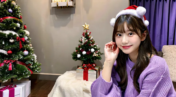 Cute OL, 18 years old, wearing a purple miniskirt、Christmas tree on background