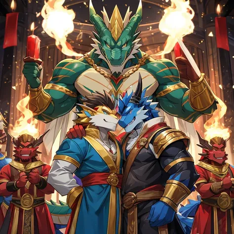 Red dragonmen，golden dragon man，green dragon man，Black Dragon Man，Blue Dragon Man，celebrate together，Cast magic