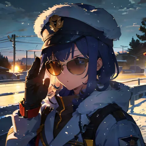 (4K), (best quality), (Best details), (ultra realistic), Kaisa, russian soldier, winter, snow storm, russian hat, sunglasses, beautiful, soldiers salute, looking at viewer, winter war.