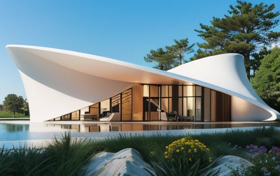 library project perfect wave format, exterior white color,déign by zaha hadid, realistic photo of innocense design ::1.6 with po...