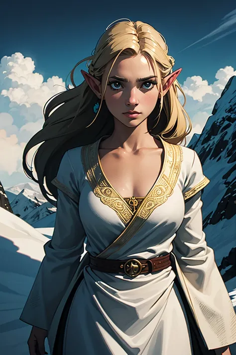 NSFW (artwork:1.2),(lineart:1.33),muscled, 1girl, full-frontal nude, portrait viking elf female viking with blonde braids, talking, scars, in a snow mountain,(hyperdefineed-art),epic, cyan, yellow tones,from above,nordic,cartoon,fantasy aesthetic,complex l...