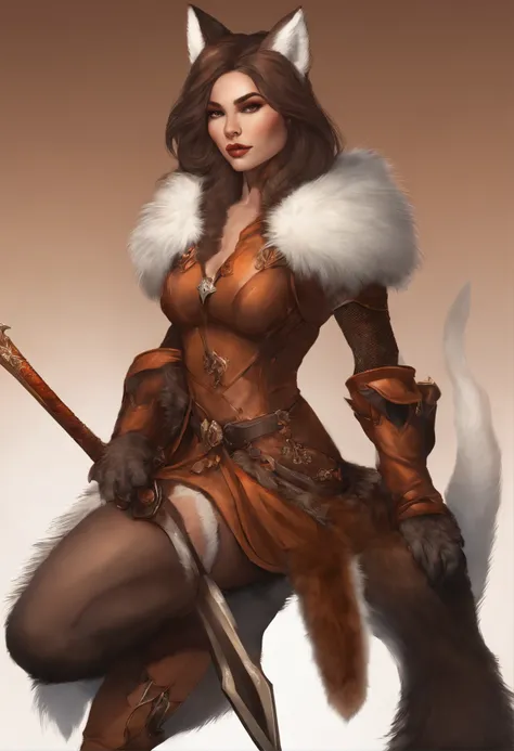 a woman in a brown outfit stands with a sword and a fox, Armor dress, Inspired by Kitsune, fur armor, Wearing fur armor, Female anthropomorphic wolf, a beautiful fox lady, Fur and leather armor, wearing intricate fur armor, Wolf armor, anthro art, very ver...