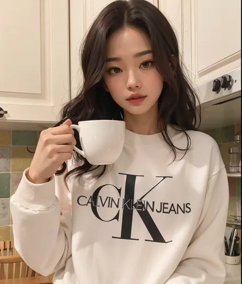 Arafed woman holding a cup of coffee in the kitchen., Blackpink Jennie, Calvin Klein, ulzzang, Jinyoung Shin, Taejune Kim, ropa casual, Heonhwa Choe, 2 0 2 0 moda, Kim Doyoung, Chica coreana, Krystal, Calvin Klein Photography, Jossi de Blackpink, ropa casu...