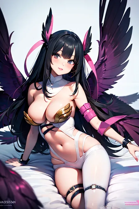 black hair, sexy, busty, buxom, curvy, voluptuous, bed,  angel wings, bare shoulders, elbow gloves, feathered wings, gloves, head wings, navel, pink ribbon, ribbon, single elbow glove, single glove, thigh strap, wings