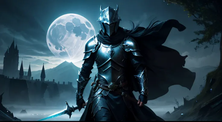 A Ghosty Fantasy Knight "(best quality,highres,masterpiece:1.2),(realistic:1.37),Ghostly Fantasy Knight,armor,golden helmet with intricate engravings,shadowy figure,ethereal presence,long flowing cape,glowing blue eyes,stern expression,exquisite sword,floa...