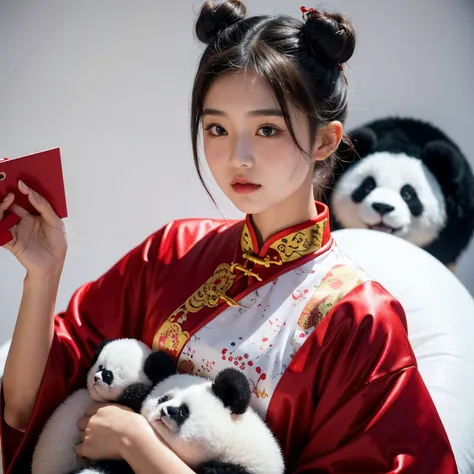 A 14-year-old girl wears a cheongsam with a bun on her head and a cute panda