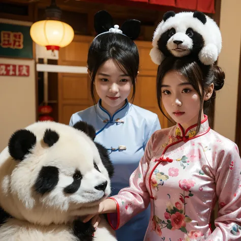 A 14-year-old girl wears a cheongsam with a bun on her head and a cute panda