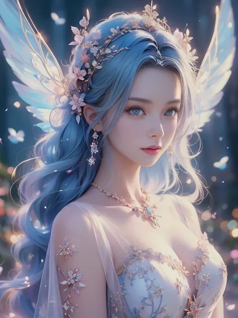 Fairy girl with beautiful transparent flowers on her upper body, 1 only,Alone,Transparent and colorful wings, The wand flutters in the wind､The wand flashed in the starlight，Golden wand，Beautiful blue sky and white clouds、Girls have transparent wings､kindl...