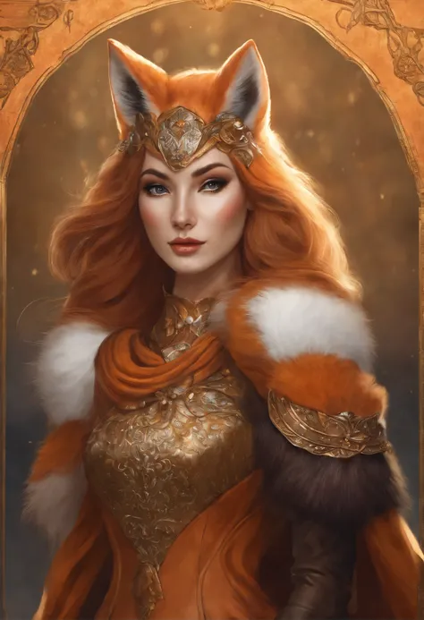 a woman in a dress with a fox on her shoulder is standing, Armor dress, Inspired by Kitsune, fur armor, wearing intricate fur armor, Wearing fur armor, a beautiful fox lady, an anthro fox, anthro art, Fur and leather armor, portrait of an anthro fox, very ...