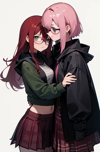 multiple characters in scene, 2 girls, softly toned young , small breasts, short scruffy red hair, fox girl, pale blue eyes and black glasses, wearing a dark green jacket, hugging, pink haired flat chested girl with pink eyes wearing a plaid skirt with bla...