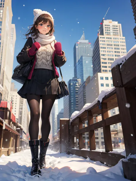 high-definition images, atmospheric perspective, 8k, super detail, accurate, best quality, angle from below, a woman, drooping eyes, blush, walking through a winter park in the city, she has a plastic bag, food track, busy, skyscrapers, snowing, (white bre...