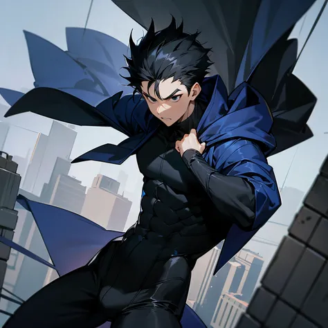 1male, , Low Black hair , black eyes, Black Body Suit , Advanced City Background , Black Body Suit Underneath , Muscular Build, spiky hair , baggy pants , Shortsleeves , Confident Expression , Blue Cloak