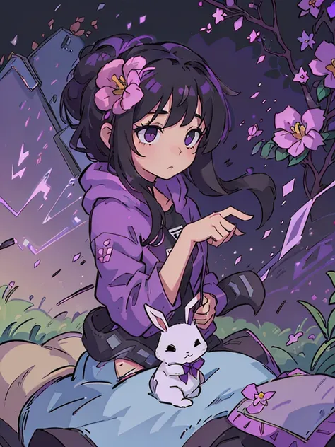 masterpiece, high quality, woman black hair, purple Hoodie, playing a purple electric guitar, flower garden background, and around him there are rabbits.