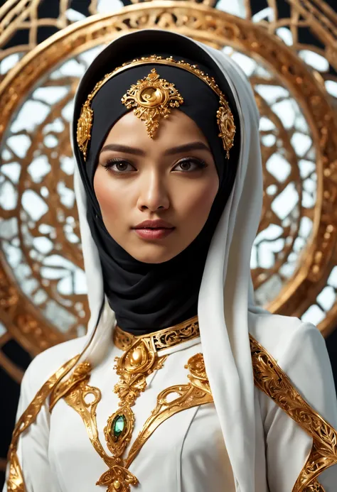 in a futuristic setting, a stunningly beautiful hijabi malay woman takes center stage. she is adorned with intricate metal embel...