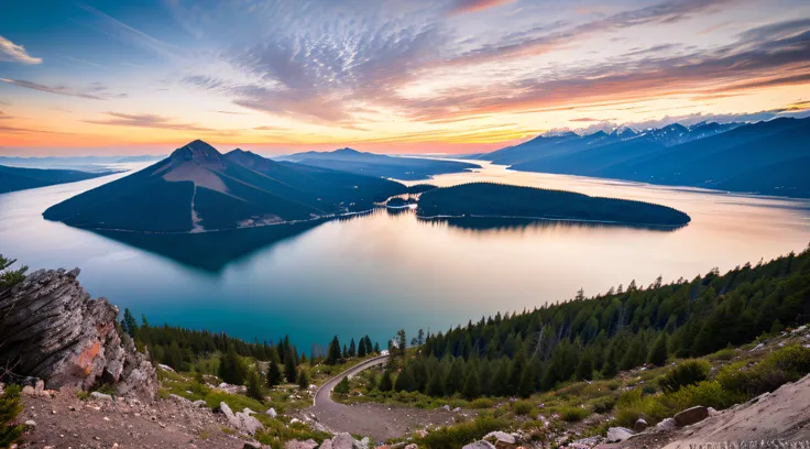 sunset on mountain, lake under montain