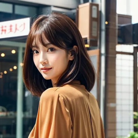 Japan woman in her early 30s。With bob hair、Brown Hair Medium Hair。Slender eyes。Clean face line。Gives a classy impression。Wearing a black blouse。