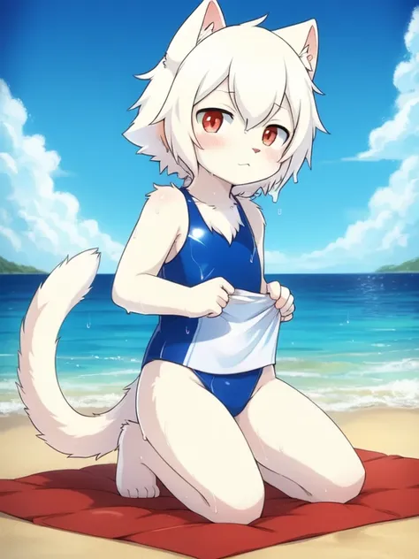 white cat, Alone, External, Red pupils,, (wet fur:1.4), detailed hair, young white cat，Blue and yellow gradient one-piece swimsuit,Firmware version, furry anime, Realistic anime cat, Bragon, very cute face, face flushed, Playful, young, detailedbackground,...