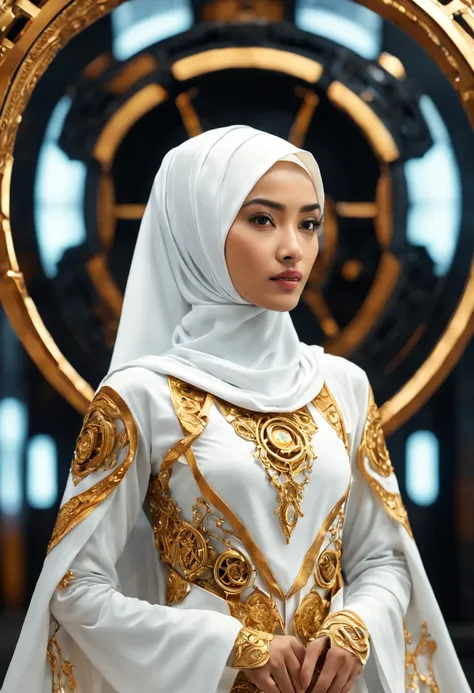 in a futuristic setting, a stunningly beautiful hijabi malay woman takes center stage. she is adorned with intricate metal embel...