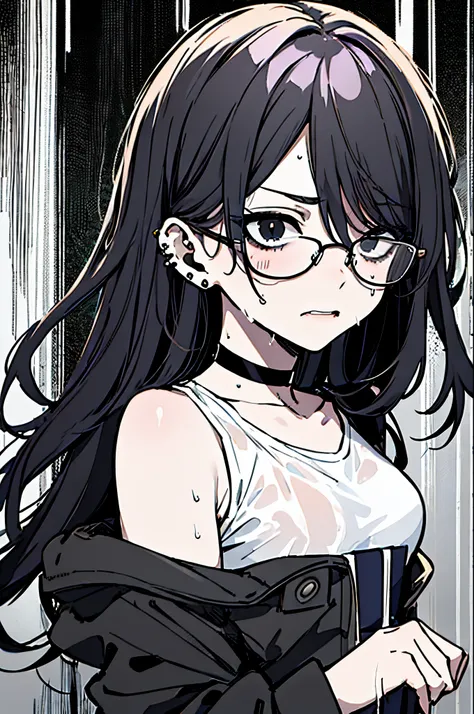 (masterpiece), best quality, expressive eyes, highres, anatomically correct, 1girl, perfect face, perfect hands, female, pale, glasses, messy hair, black hair, very long hair, black eyes, glasses, weak, tired, small breasts, graphic t-shirt, gothic, emo, g...