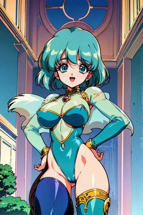 "(masterpiece:1.1), best quality, 
1girl, (80s anime style:1.3), (eyelashes:1.5), (loli:1.2), 
(intricate high detailed body:1.2), 
(aqua hair:1.1), (forehead:1.1), (bob cut:1.1), 
blue eyes, 
(slim body:1.1), (gigantic breasts:1.5), 
(happy, smile:1.2), o...