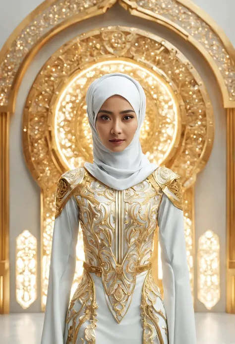 In a futuristic setting, a stunningly Beautiful Hijabi Malay woman takes center stage. She is adorned with intricate metal embellishments, delicately sculpted and hollow inside. Ethereal lights emanate from within, casting a mesmerizing glow. Her attire is...