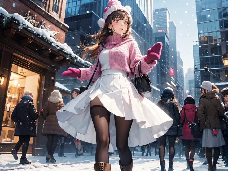 high-definition images, atmospheric perspective, 8k, super detail, accurate, best quality, angle from below, a woman, drooping eyes, blush, walking through a winter park in the city, she has a plastic bag, food track, busy, skyscrapers, snowing, (white bre...