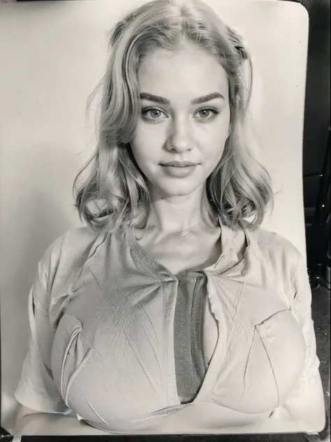 (Huge boobs:1.2), pencil drawing, short hair, 1950s hairstyle, teeth, teenager