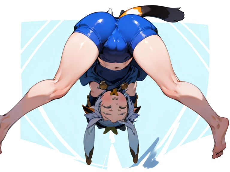 bending over, dynamic pose, upsidedown, upside down, distorted pose, bend over posture, nude, catgirl, 10 years old, smiling, loli, outside, tail, detached sleeves, hat, on hands and knees, solo, butt in air, head down, looking back between legs, facing aw...