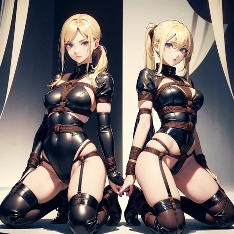 Quality) 1.5, 1girl, 独奏, (Sexy, a handsome female, a perfect face, Perfect eyes), samus aran, black leather dress, Kneeling, full - body, (blue eyes, blonde hair, pony tail), (Shibari, Hands Behind Your Back:1.4), (Hands Behind Your Back) --auto