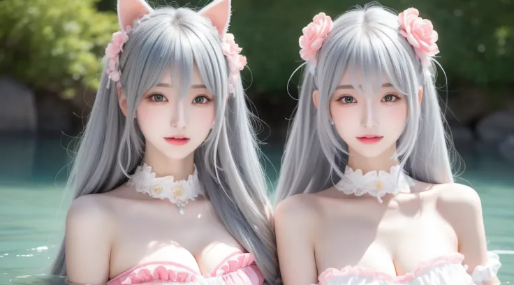 1 Beautiful woman，perfect body figure：1.4，Layered Hair Style，The cleavage protrudes，Pink 2D costume：1.5，Highly Detailed Face and Skin Textur，二重まぶた，Whitening Skin，Long gray hair，playing water，collars，There is only one person in the picture。