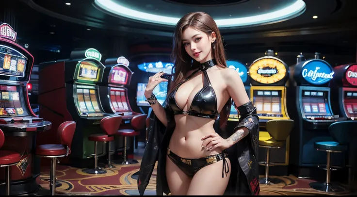 ((best quality)), ((masterpiece)), (detailed), perfect face, playing online high-stake sweeping games in cyber punk casino looks in happy look, sexy and almost revealing looks, showing figure standing infront of roulette