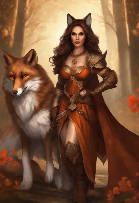 a woman in a brown outfit stands with a sword and a fox, Armor dress, Inspired by Kitsune, fur armor, Wearing fur armor, a beautiful fox lady, Female anthropomorphic wolf, Fur and leather armor, wearing intricate fur armor, Wolf armor, anthro art, very ver...