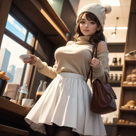 high-definition images, atmospheric perspective, 8k, super detail, accurate, best quality, angle from below, a woman, drooping eyes, blush, in the city, she has a plastic bag, food track, busy, skyscrapers, snowing, (white breath), (long skirt), thick tigh...