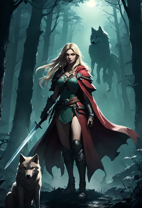 (Embroidery tapestry artwork: 1.5) fantasy art, RPG art, Dark fantasy art, ultra wide shot, RAW, photorealistic, a picture of female human ranger and her wolf pet, the ranger, an exquisite beautiful human woman, long blond hair, braided hair, green eyes, w...