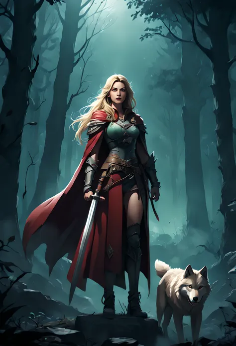 (Embroidery tapestry artwork: 1.5) fantasy art, RPG art, Dark fantasy art, ultra wide shot, RAW, photorealistic, a picture of female human ranger and her wolf pet, the ranger, an exquisite beautiful human woman, long blond hair, braided hair, green eyes, w...