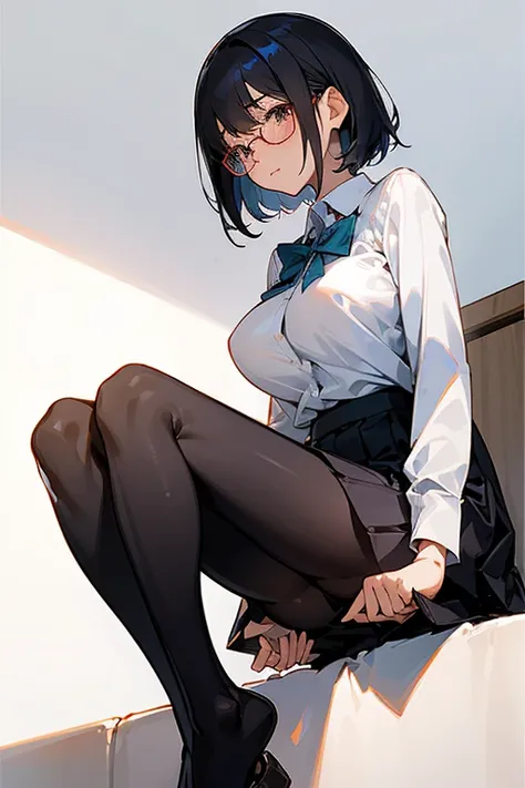 1 Japanese girl, glasses, sitting, (lower body:1.2), angle from below, angle from the side, blush, (slim body:1.2), (huge breasts:1.1), (leggy:1.1), black hair, short hair, school uniform, white long sleeve shirt, pleated skirt, (black tights:1.1),