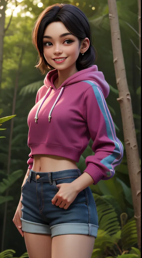 high quality 3d image of close up,smiling,looking at the camera,masterpiece,high detail,shorts,hoody,in a forest,exposed midriff...