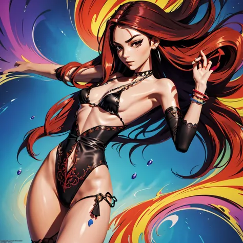 (quality, masterpiece, colorful, dynamic angle, highest detailed) (official art, extreme detailed, highest detailed)ression, extremely long straight dark red  hair, small breasts, tired eyes, wearing pelvic curtain, black clothes, chains, bracelets all ove...