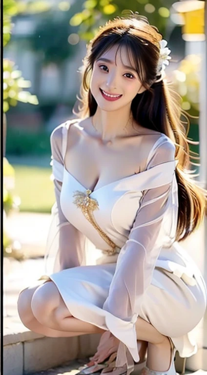 An Asian beauty。green trees，Green grasull body photo，standing on your feet。
Outstretched arms,Open mouth。facing at camera,Face。
Lace,Lace edges,shift dresses,Gorgeous long dress,Flared sleeves,longer sleeves。White-gold high heels，single shoe。big breasts be...