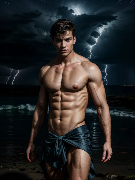 ((masterpiece)),((best quality)),8k, high detailed, ultra-detailed, Stylish Pose, real skin texture, dark cinematic lighting, 18-year-old italian male model, handsome, cute looking, divine look, powerful light blue eyes, Poseidon god, god of the seas, Nept...