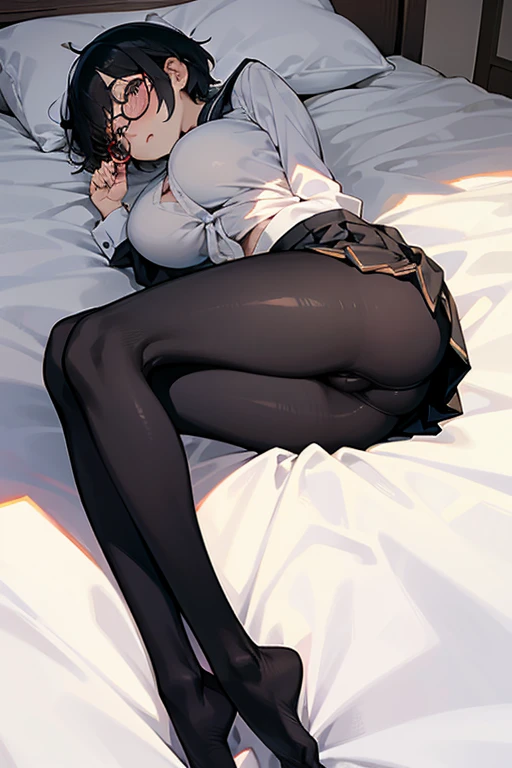 1 Japanese girl, glasses, lying on back, blush, (slim body:1.2), (huge breasts:1.1), (leggy:1.1), black hair, short hair, school uniform, white long sleeve shirt, pleated skirt, (black tights:1.1),