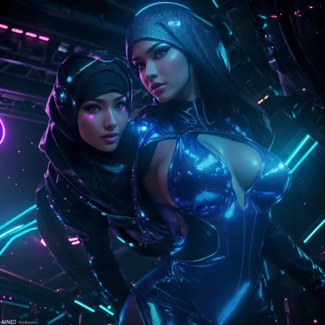 A malaysian scifi princess,age 40, hijab, lovely face, naked body, athletic build, huge (fff) breasts, wide hips, seducing the viewer,scifi neon lit nightclub,stage acting seductive,crowd cheering aliens,(best quality,4k,8k,highres,masterpiece:1.2),ultra-d...