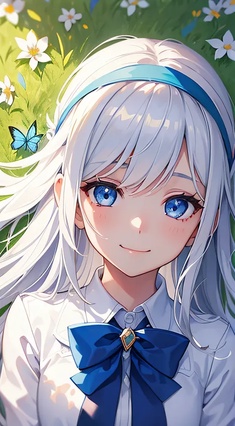 1girl, long silver hair, blue eyes, smiling, looking at viewer, wearing white dress shirt, headband on her head, bowtie, laying on the grass, butterflies, flowers, masterpiece, 8K, warm lighting, perfect clothes, perfect anatomy, perfect eyes, perfect face...