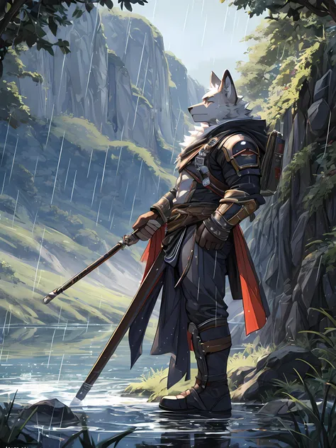 furry,bara,White fox,masculine,standing in the middle of the lake,Look up at the sky.,There were tears coming out..,A gloomy face..,The water was at waist level..,yam&#39;Heavy rain.,(((Highly detailed images,HDR,10)))(((Side View)))