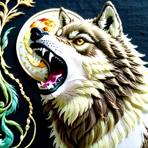 (((beautiful fabric embroidery art:1.3))), (((detailed embroidered wolf howl like a movie:1.3))), super realistic fabric embroid...